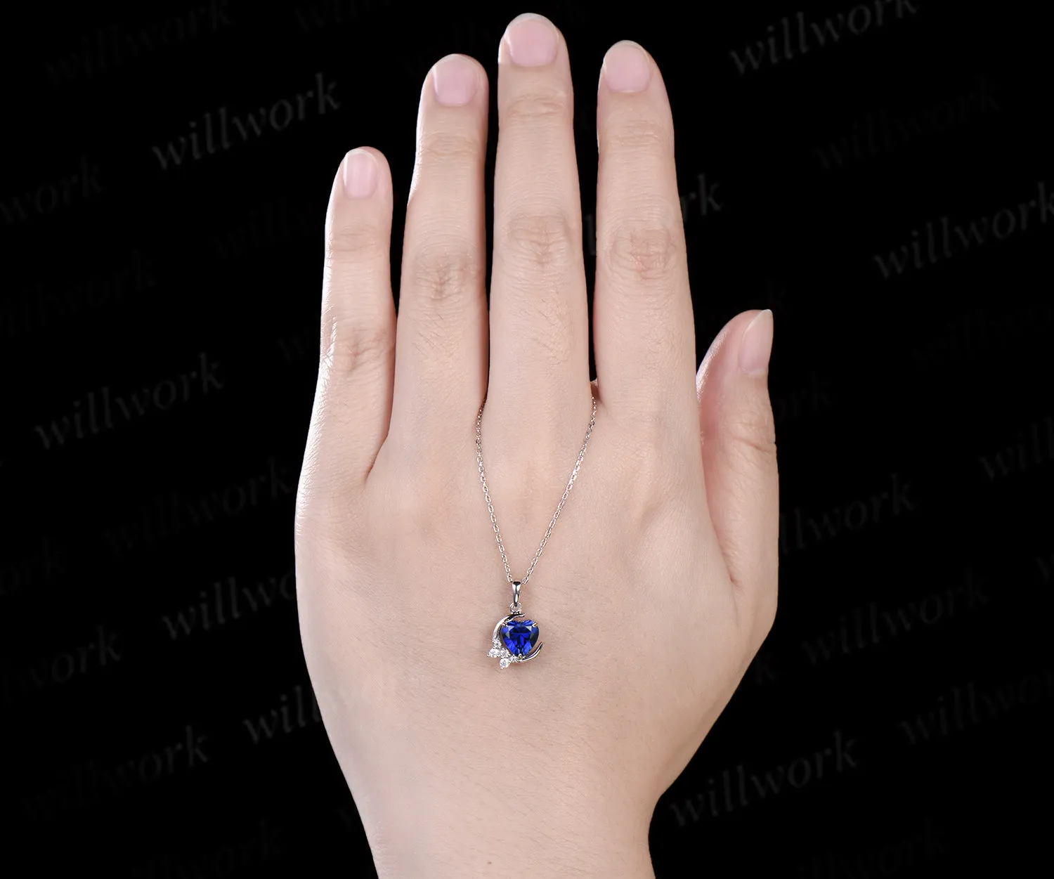 Vintage heart shaped blue sapphire necklace white gold cluster moon snowdrift diamond pendant women September birthstone anniversary gift sold by Willwork Jewelry product image thumbnail 4