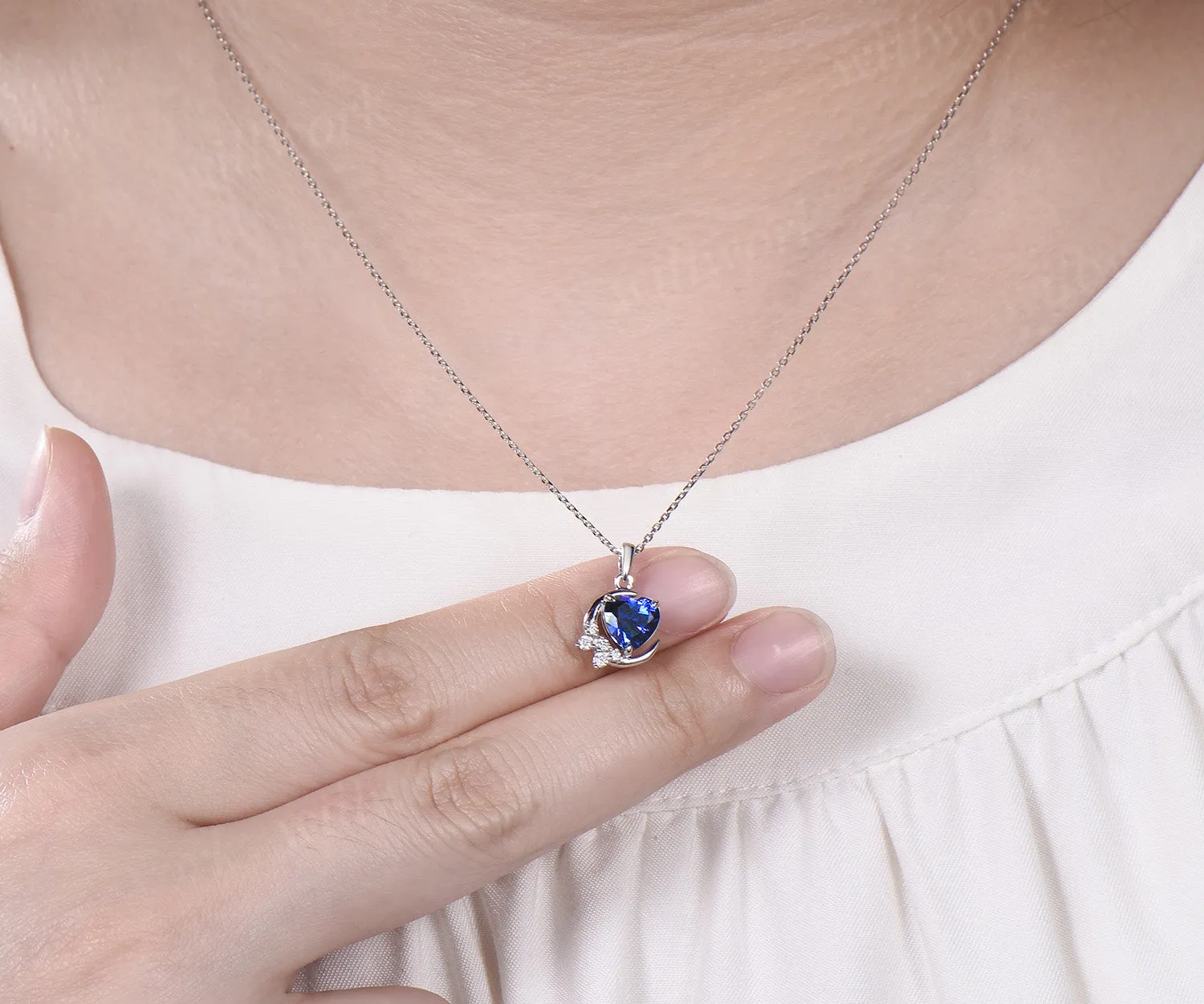Vintage heart shaped blue sapphire necklace white gold cluster moon snowdrift diamond pendant women September birthstone anniversary gift sold by Willwork Jewelry product image thumbnail 3