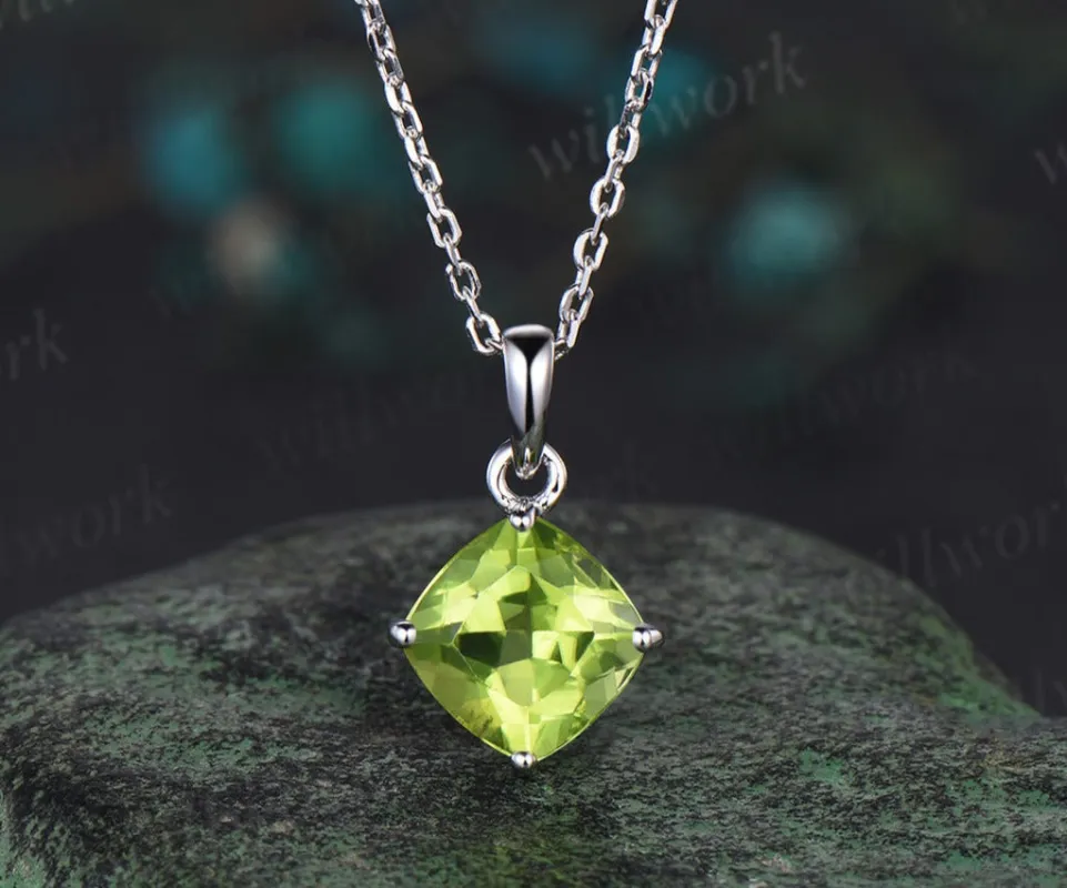 Dainty cushion cut peridot Necklace solid 14k white gold square cut Solitaire Pendant Minimalist anniversary gift August birthstone sold by Willwork Jewelry
