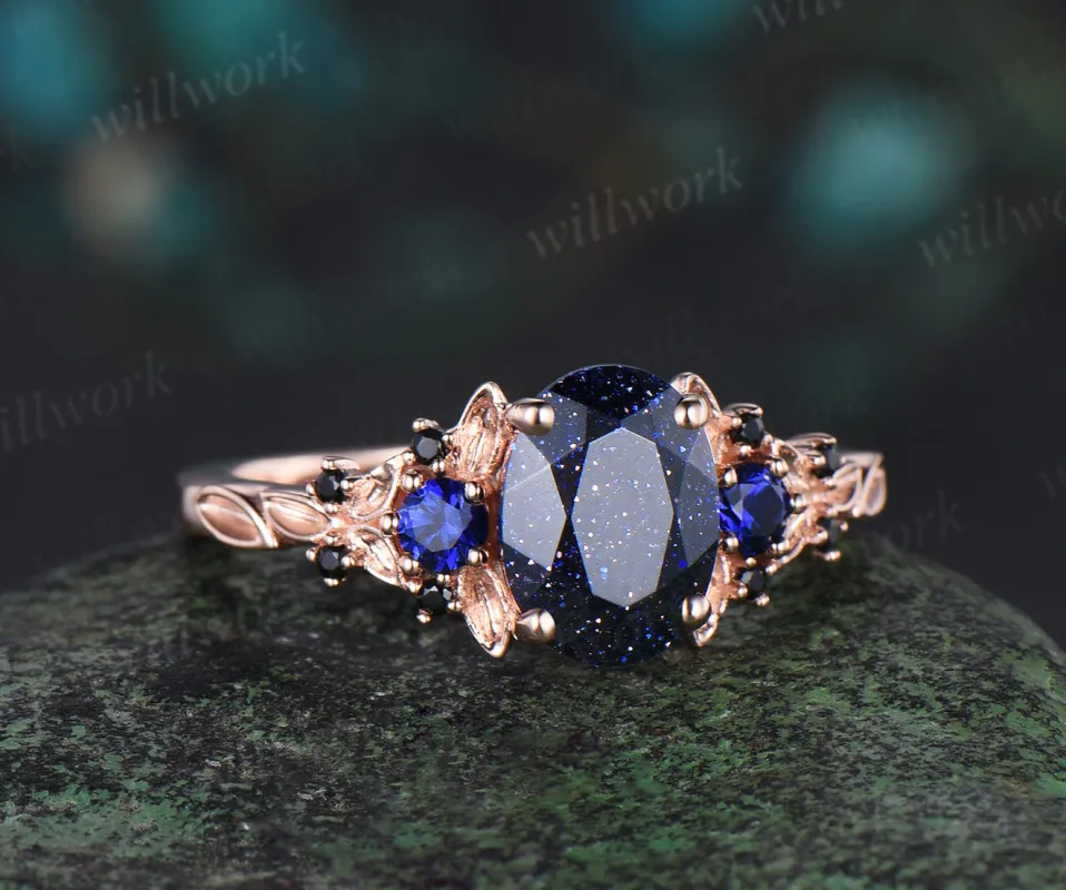Vintage oval cut blue sandstone engagement ring rose gold leaf cluster antique sapphire black spinel anniversary ring women gift sold by Willwork Jewelry