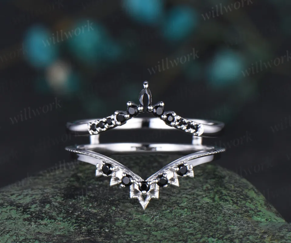 Double black spinel curved wedding band enhancer wraps solid 14k white gold stacking Lace anniversary ring gift gemstone sold by Willwork Jewelry