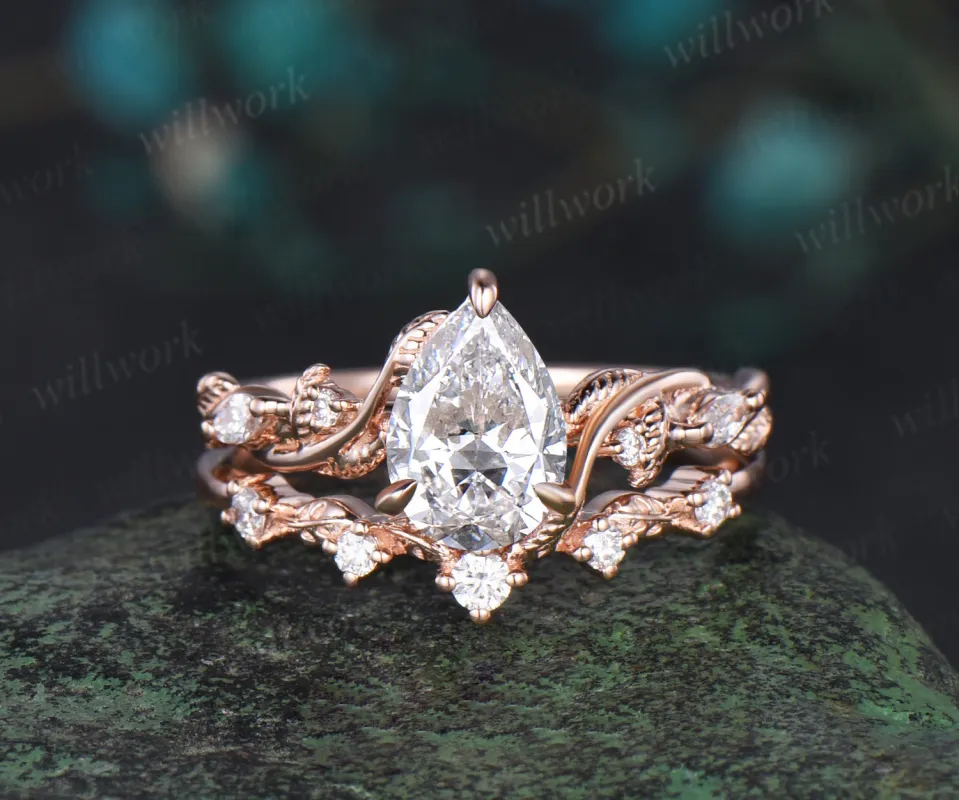 Pear shaped IGI Lab grown diamond engagement ring set rose gold branch leaf ring set antique promise wedding ring set women sold by Willwork Jewelry
