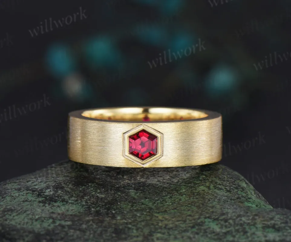 Mens Hexagon Cut Red Ruby Band 14K Solid Gold Men Solitaire Engagement Ring Brushed Finished Band Womens Ruby Wedding Band Unique Promise Ring sold by Willwork Jewelry