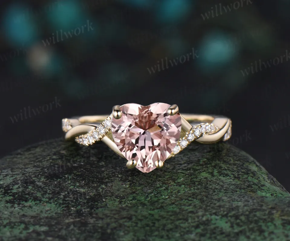 Vintage heart shaped morganite engagement ring solid 14k yellow gold twisted infinity diamond wedding anniversary ring women jewelry made by Willwork Jewelry