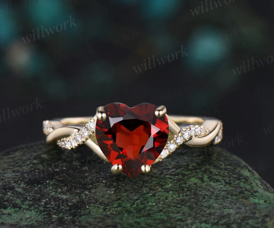 Vintage heart shaped red garnet engagement ring solid 14k yellow gold twisted infinity diamond wedding anniversary ring women jewelry made by Willwork Jewelry