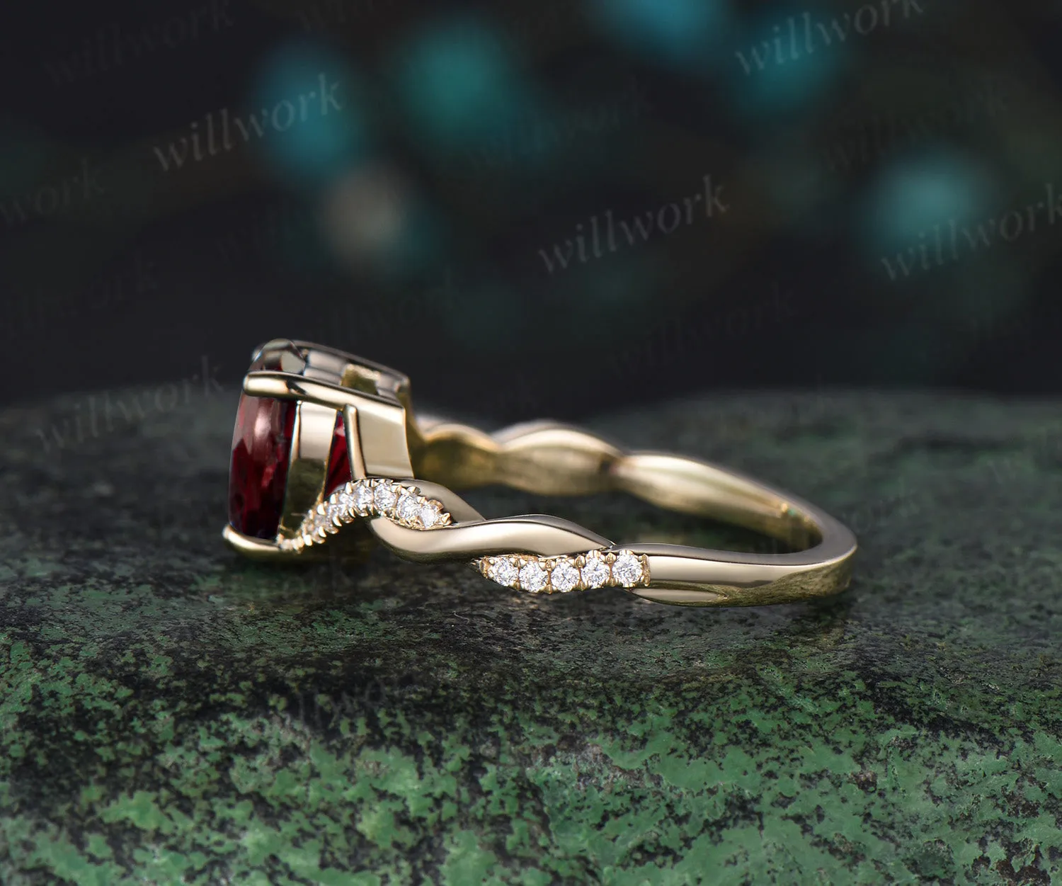 Vintage heart shaped red garnet engagement ring solid 14k yellow gold twisted infinity diamond wedding anniversary ring women jewelry sold by Willwork Jewelry product image thumbnail 3