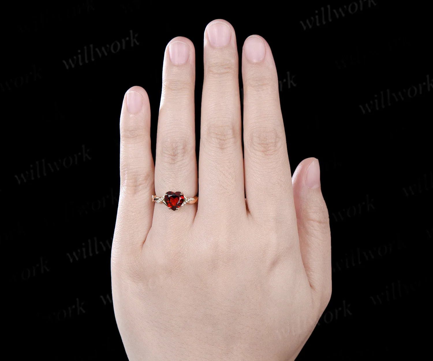 Vintage heart shaped red garnet engagement ring solid 14k yellow gold twisted infinity diamond wedding anniversary ring women jewelry sold by Willwork Jewelry product image thumbnail 4