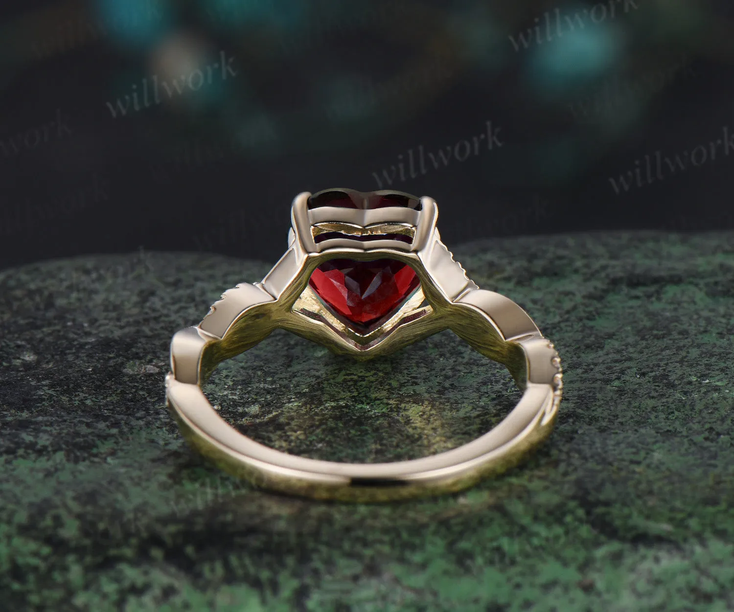 Vintage heart shaped red garnet engagement ring solid 14k yellow gold twisted infinity diamond wedding anniversary ring women jewelry sold by Willwork Jewelry product image thumbnail 5