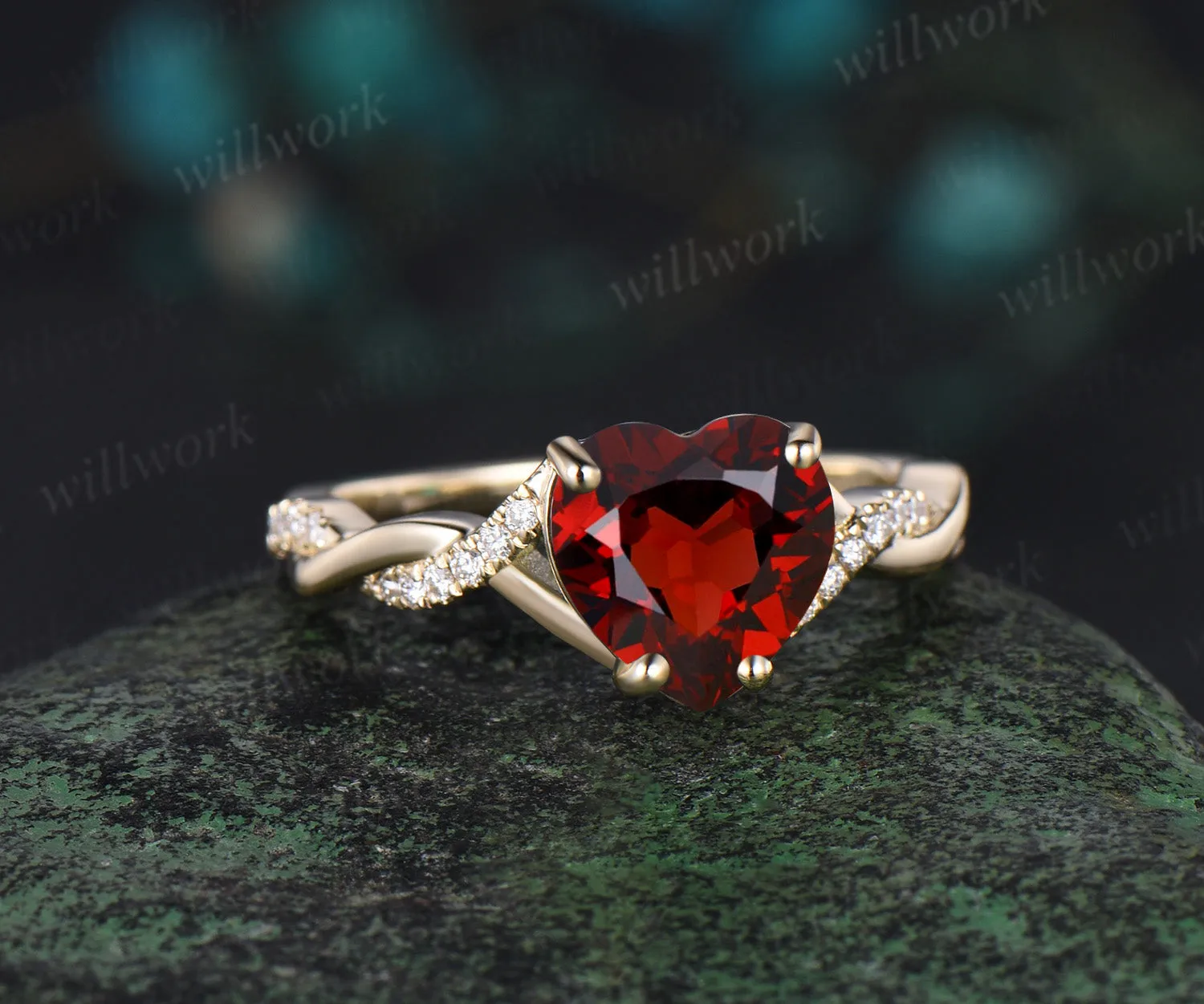 Vintage heart shaped red garnet engagement ring solid 14k yellow gold twisted infinity diamond wedding anniversary ring women jewelry sold by Willwork Jewelry product image thumbnail 2