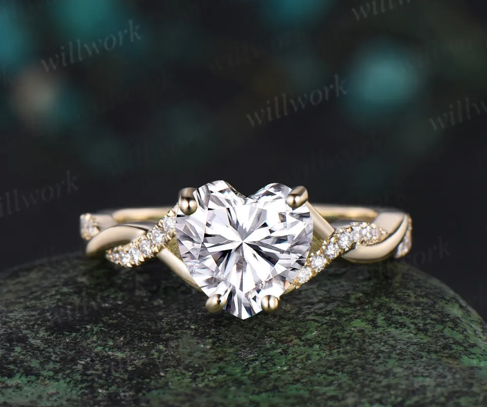 Vintage heart shaped  moissanite engagement ring solid 14k yellow gold twisted infinity diamond wedding promise ring women jewelry sold by Willwork Jewelry