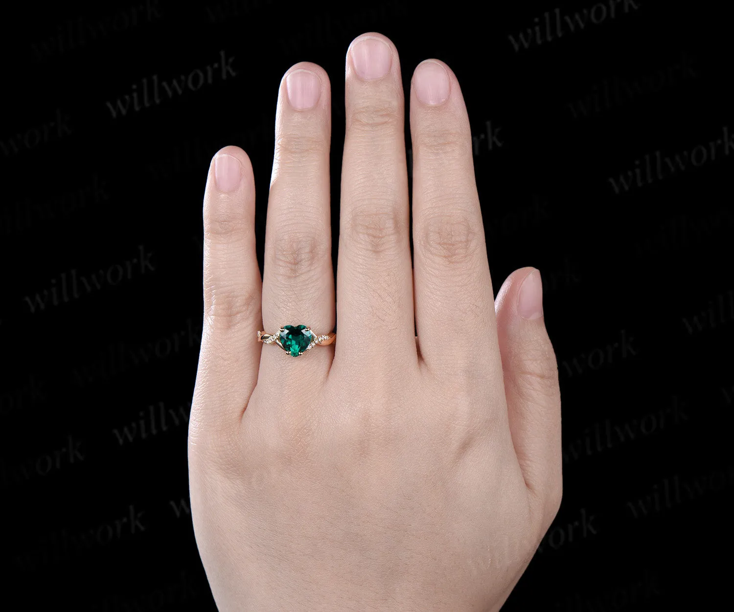 Vintage heart shaped green emerald engagement ring solid 14k yellow gold twisted infinity diamond wedding promise ring women jewelry sold by Willwork Jewelry product image thumbnail 3