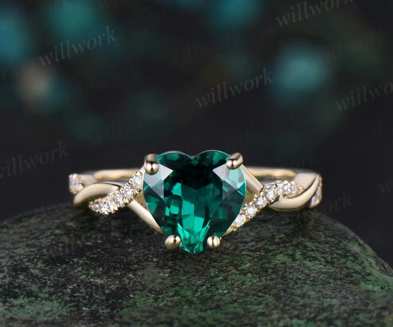 Vintage heart shaped green emerald engagement ring solid 14k yellow gold twisted infinity diamond wedding promise ring women jewelry sold by Willwork Jewelry