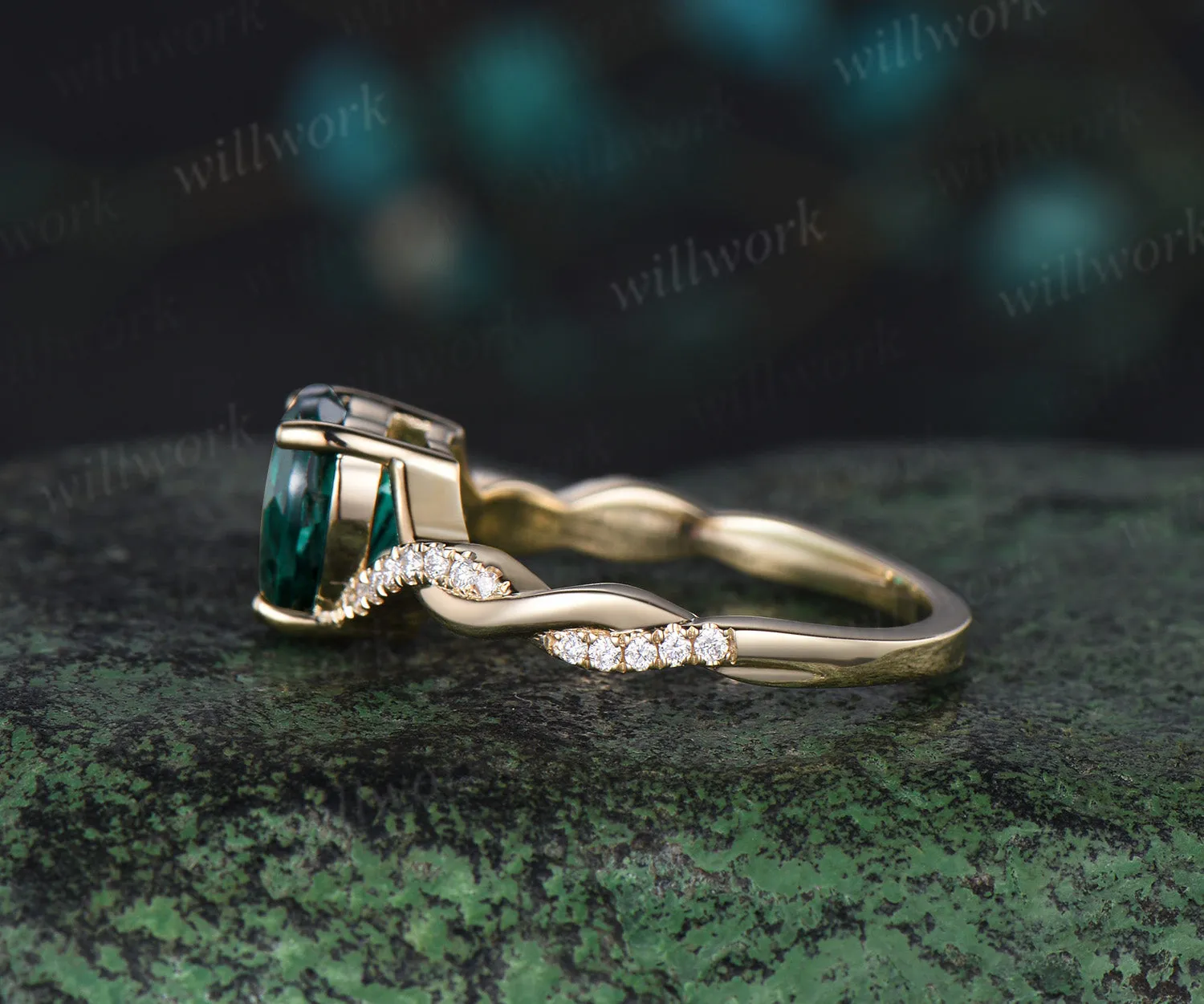 Vintage heart shaped green emerald engagement ring solid 14k yellow gold twisted infinity diamond wedding promise ring women jewelry sold by Willwork Jewelry product image thumbnail 5