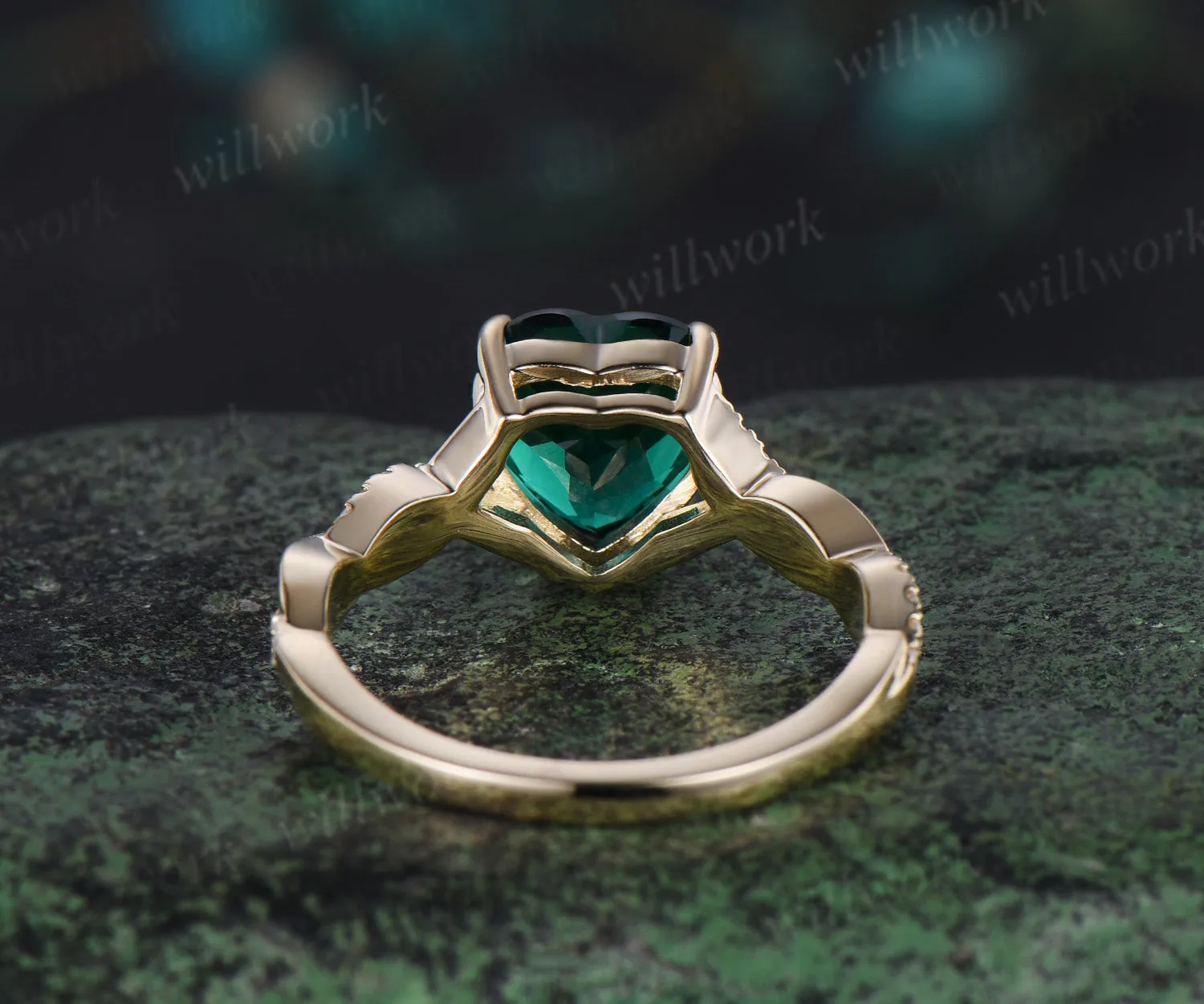 Vintage heart shaped green emerald engagement ring solid 14k yellow gold twisted infinity diamond wedding promise ring women jewelry sold by Willwork Jewelry product image thumbnail 4