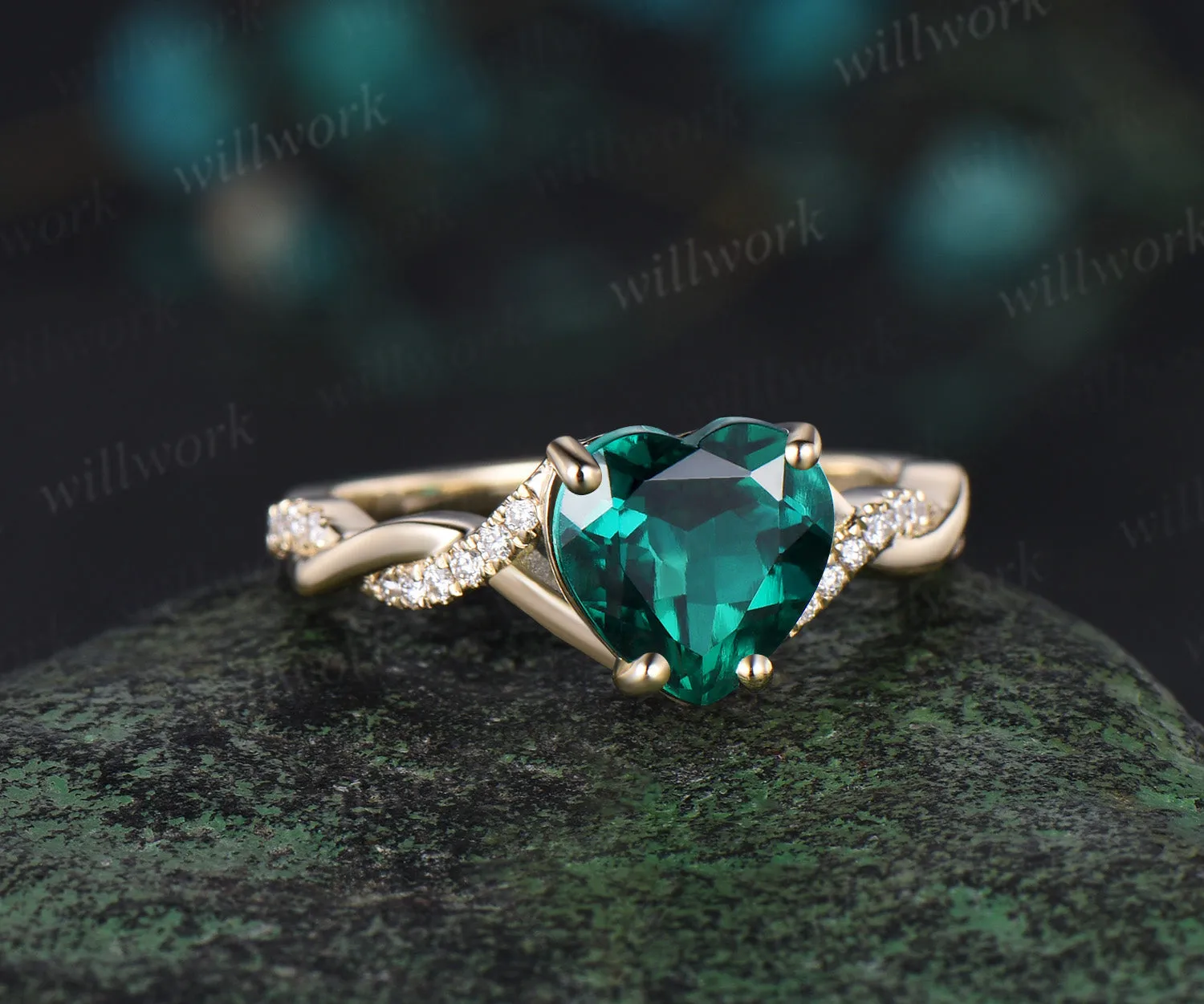 Vintage heart shaped green emerald engagement ring solid 14k yellow gold twisted infinity diamond wedding promise ring women jewelry sold by Willwork Jewelry product image thumbnail 2