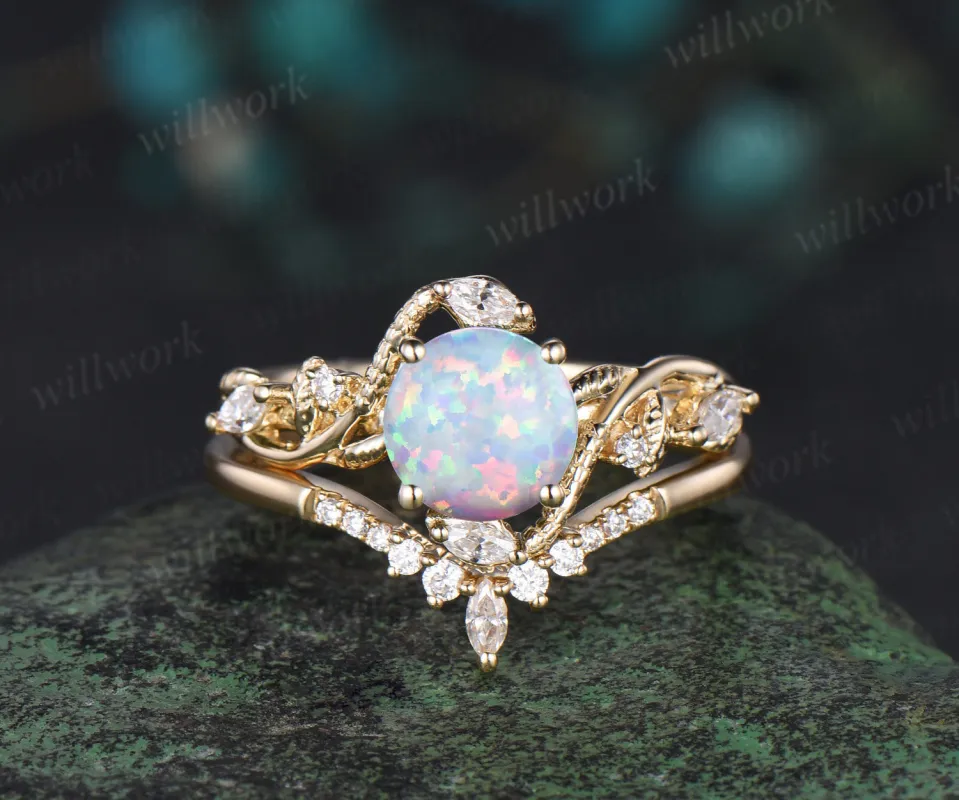 Round white opal ring vintage yellow gold leaf Snake unique engagement ring twisted diamond bridal wedding ring women sold by Willwork Jewelry