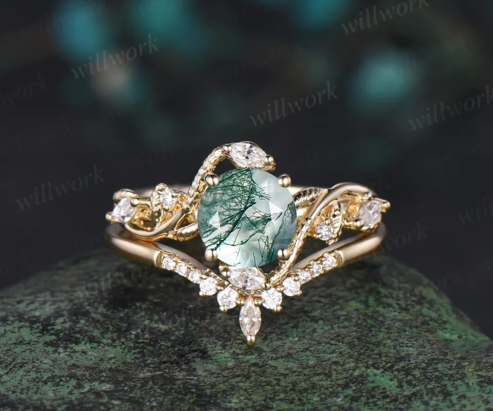 Round cut moss agate ring vintage yellow gold leaf Snake unique engagement ring twisted diamond bridal wedding ring women sold by Willwork Jewelry