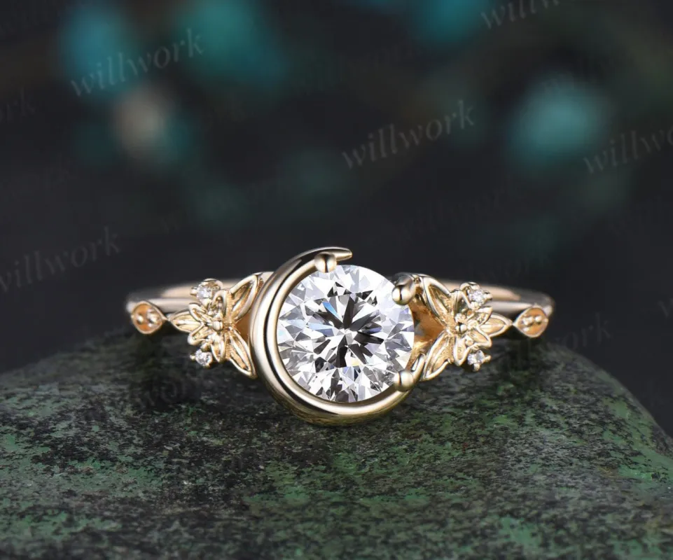 Vintage 1ct round cut IGI Lab grown diamond engagement ring yellow gold Celtic knot moon butterfly unique anniversary wedding ring women sold by Willwork Jewelry