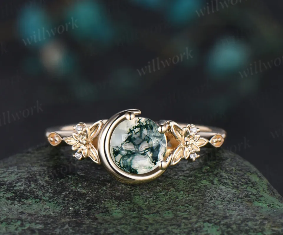 Vintage round cut moss agate engagement ring yellow gold butterfly Celtic knot moon diamond ring women unique anniversary wedding ring sold by Willwork Jewelry