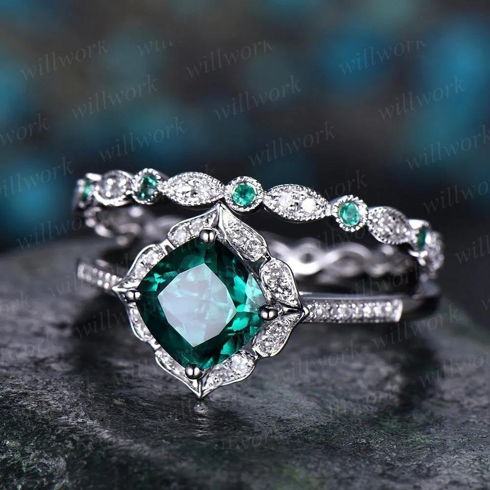 Cushion cut emerald engagement ring 14k white gold full eternity diamond matching band art deco halo wedding promise bridal ring set women sold by Willwork Jewelry product image thumbnail 3