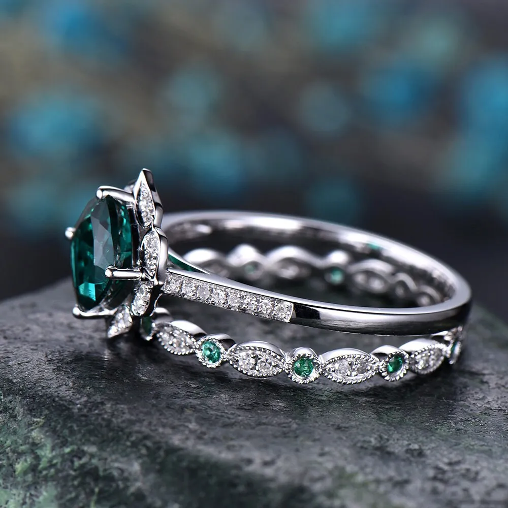 Cushion cut emerald engagement ring 14k white gold full eternity diamond matching band art deco halo wedding promise bridal ring set women sold by Willwork Jewelry product image thumbnail 4