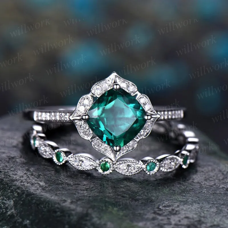 Cushion cut emerald engagement ring 14k white gold full eternity diamond matching band art deco halo wedding promise bridal ring set women sold by Willwork Jewelry