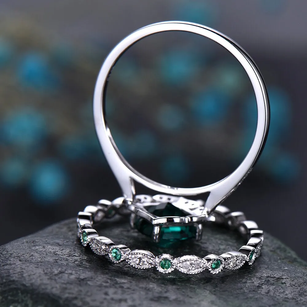 Cushion cut emerald engagement ring 14k white gold full eternity diamond matching band art deco halo wedding promise bridal ring set women sold by Willwork Jewelry product image thumbnail 5