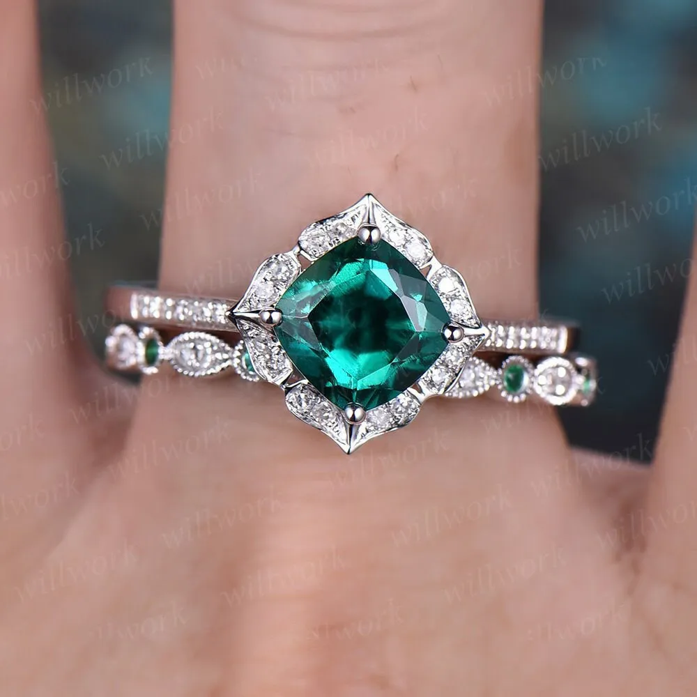 Cushion cut emerald engagement ring 14k white gold full eternity diamond matching band art deco halo wedding promise bridal ring set women sold by Willwork Jewelry product image thumbnail 2