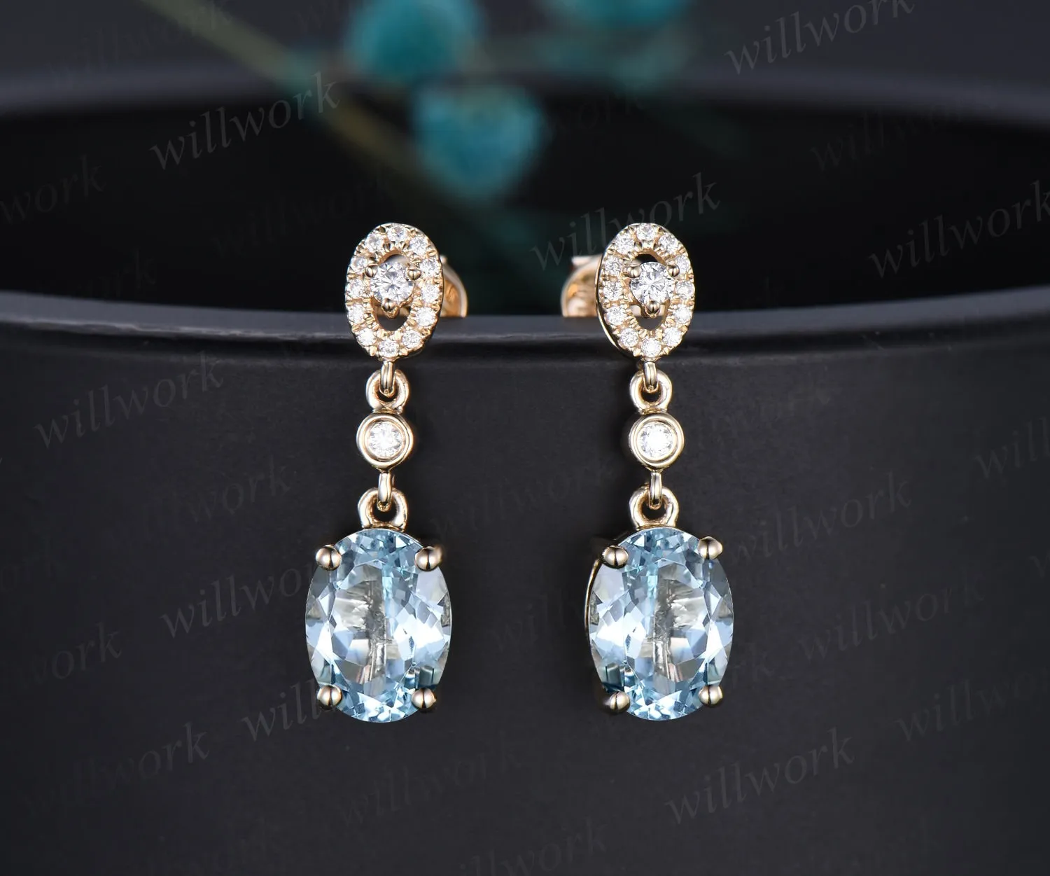 Vintage oval cut aquamarine earrings solid 14k yellow gold halo diamond drop earrings women dainty anniversary gift for her sold by Willwork Jewelry