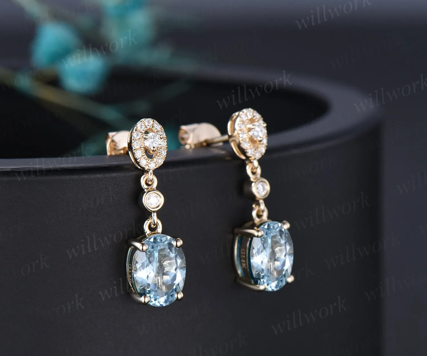 Vintage oval cut aquamarine earrings solid 14k yellow gold halo diamond drop earrings women dainty anniversary gift for her sold by Willwork Jewelry product image thumbnail 2
