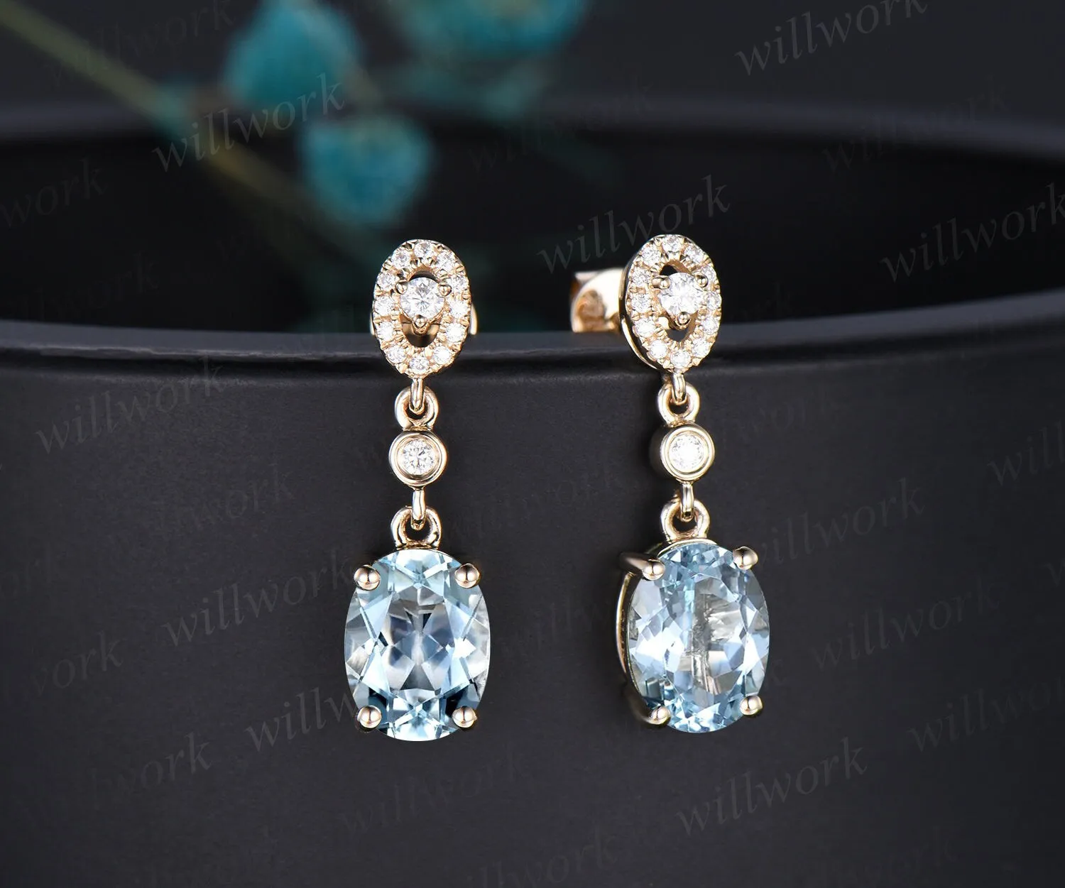 Vintage oval cut aquamarine earrings solid 14k yellow gold halo diamond drop earrings women dainty anniversary gift for her sold by Willwork Jewelry product image thumbnail 3