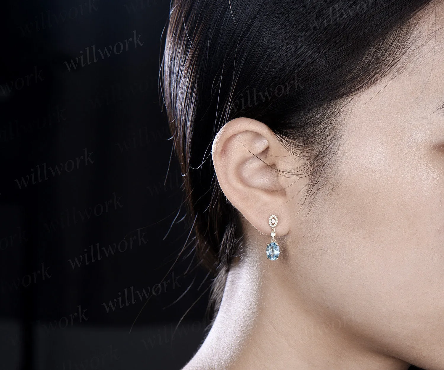 Vintage oval cut aquamarine earrings solid 14k yellow gold halo diamond drop earrings women dainty anniversary gift for her sold by Willwork Jewelry product image thumbnail 4