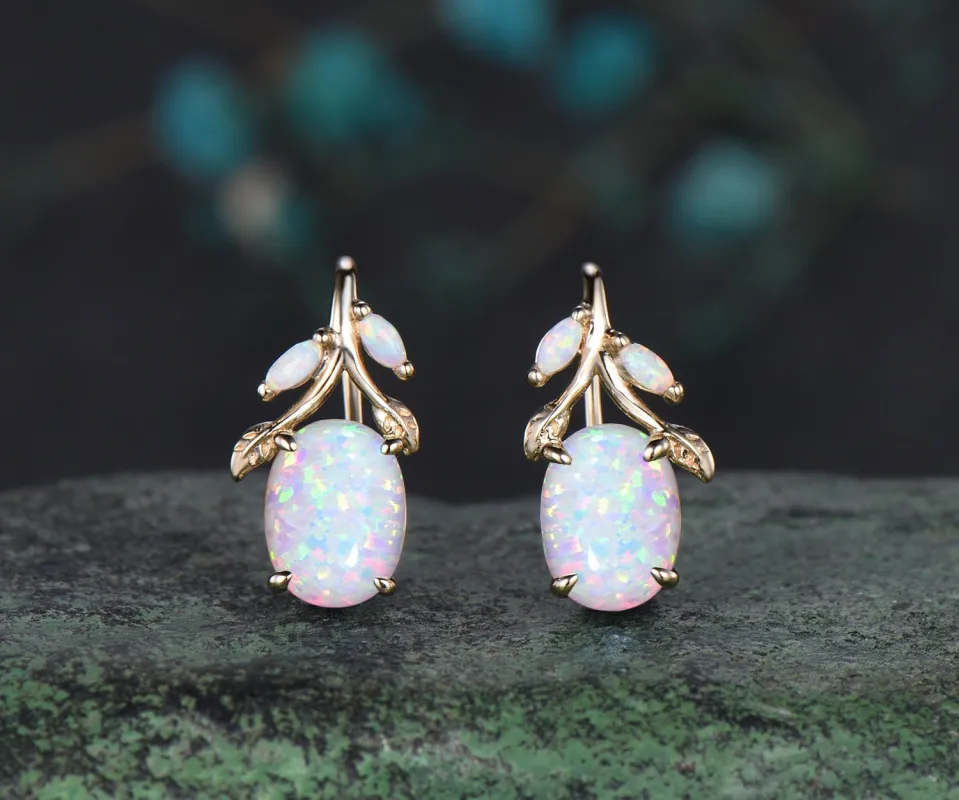 Oval cut white opal earrings solid 14k yellow gold vintage leaf marquise opal drop earrings women anniversary gift jewelry sold by Willwork Jewelry