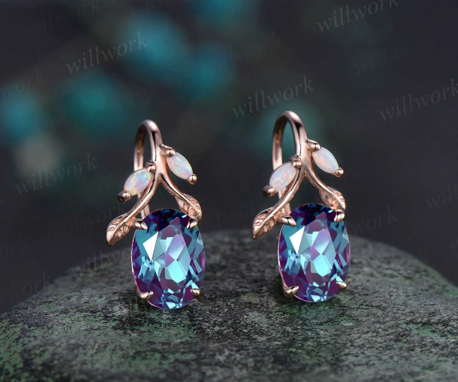 Oval cut alexandrite earrings solid 14k yellow gold vintage leaf marquise opal drop earrings women anniversary gift jewelry sold by Willwork Jewelry product image thumbnail 4