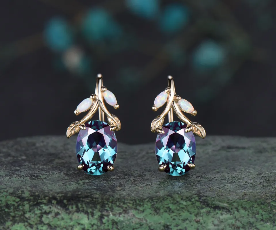 Oval cut alexandrite earrings solid 14k yellow gold vintage leaf marquise opal drop earrings women anniversary gift jewelry sold by Willwork Jewelry