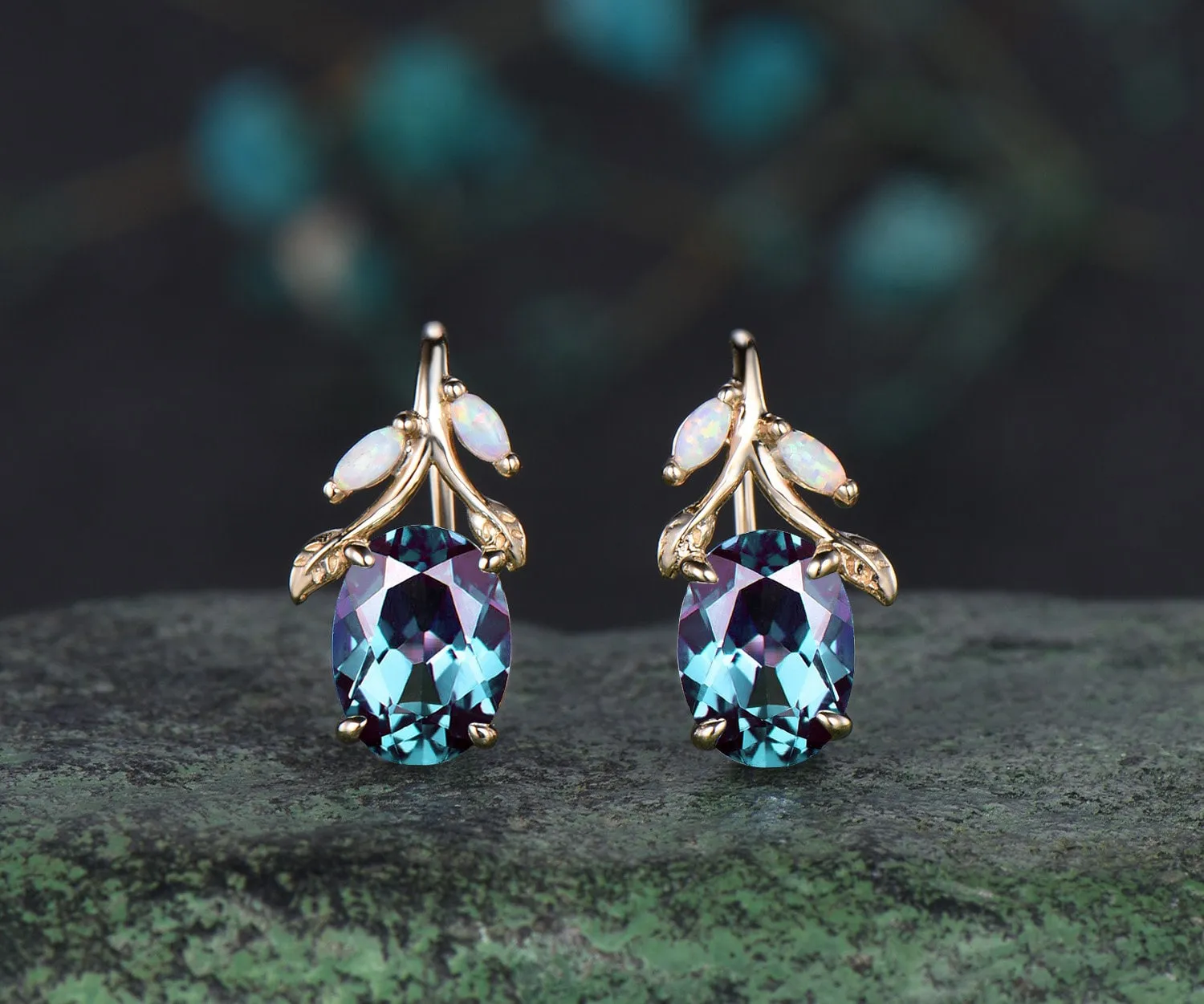 Oval cut alexandrite earrings solid 14k yellow gold vintage leaf marquise opal drop earrings women anniversary gift jewelry sold by Willwork Jewelry