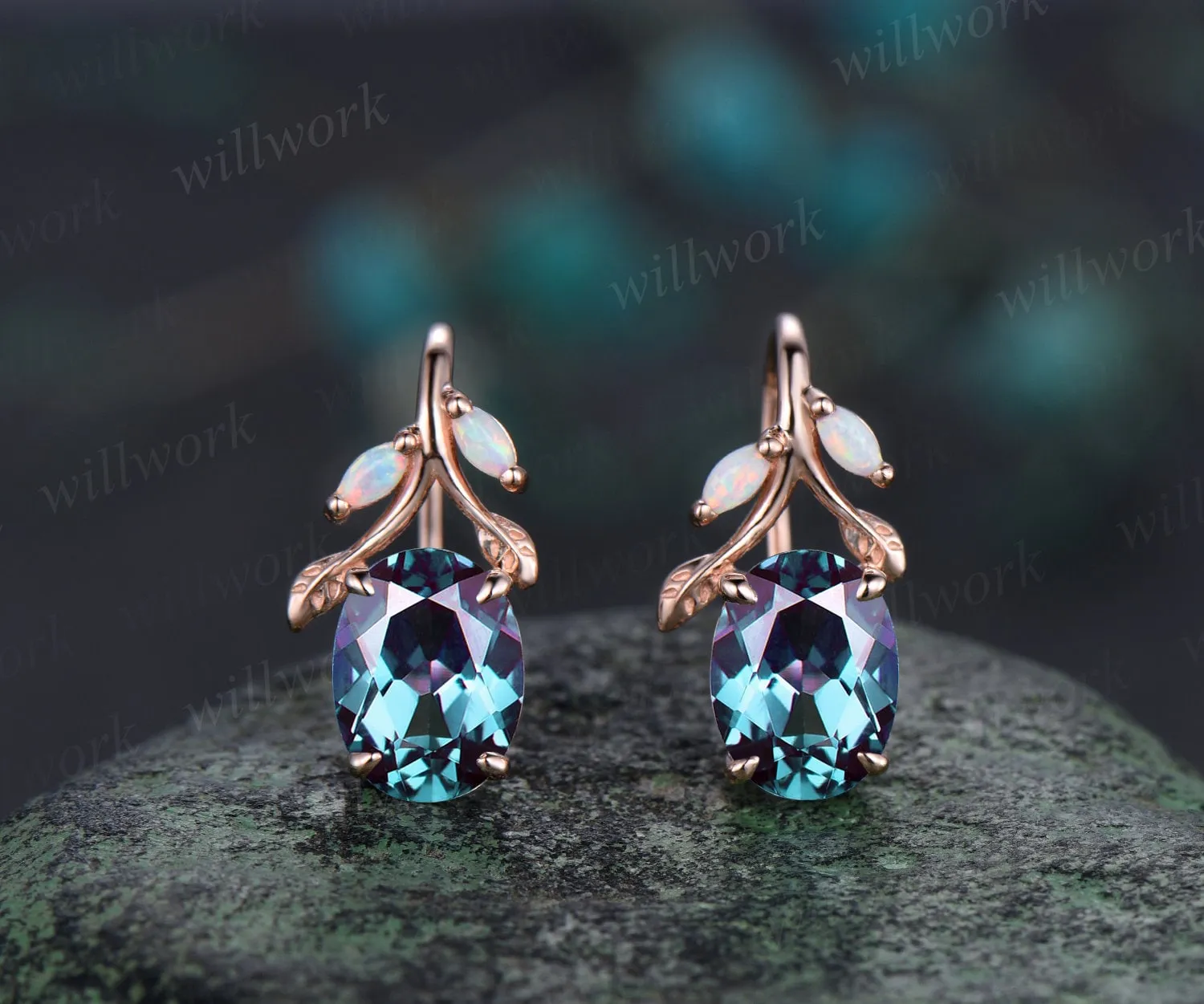 Oval cut alexandrite earrings solid 14k yellow gold vintage leaf marquise opal drop earrings women anniversary gift jewelry sold by Willwork Jewelry product image thumbnail 5