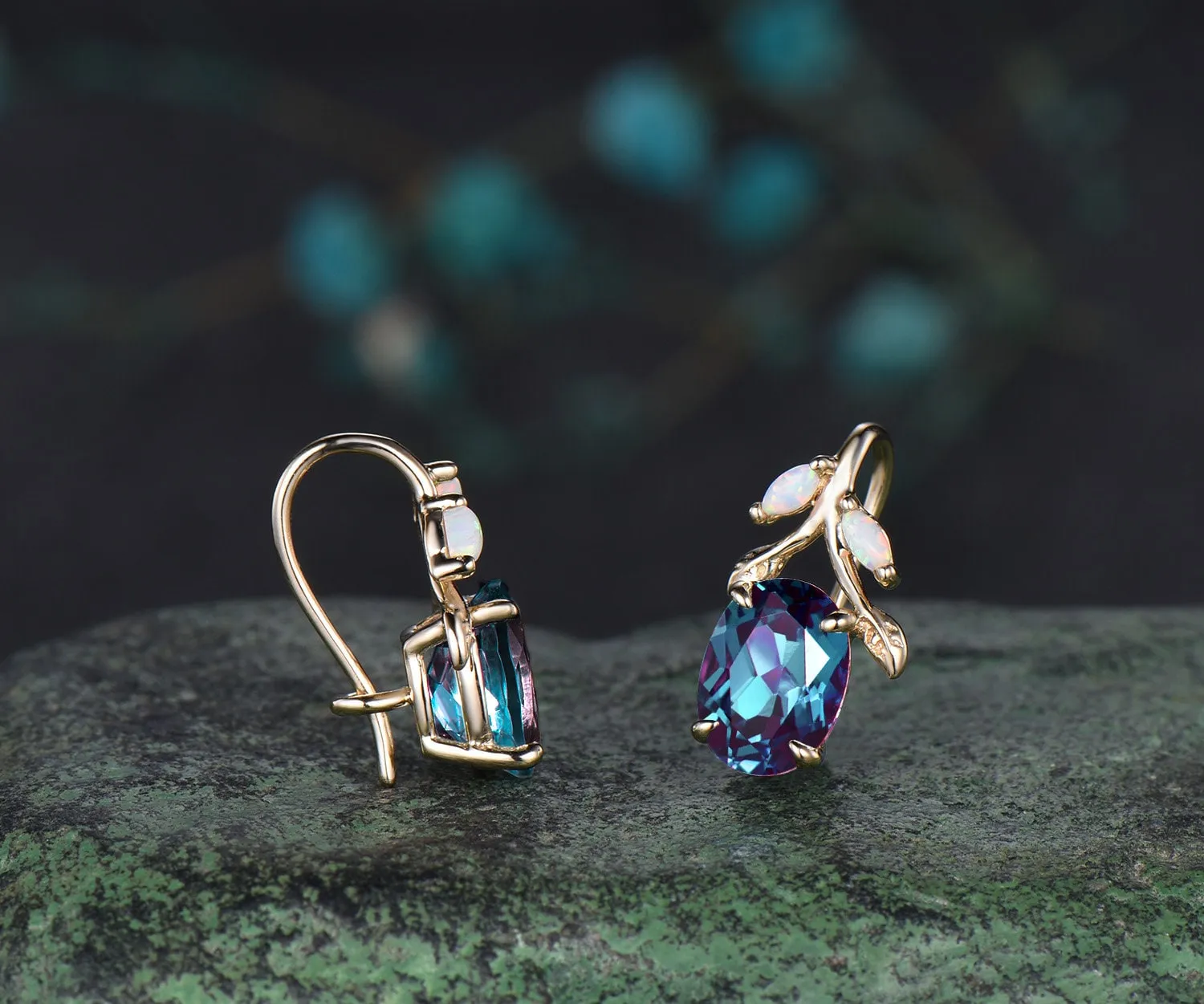 Oval cut alexandrite earrings solid 14k yellow gold vintage leaf marquise opal drop earrings women anniversary gift jewelry sold by Willwork Jewelry product image thumbnail 3