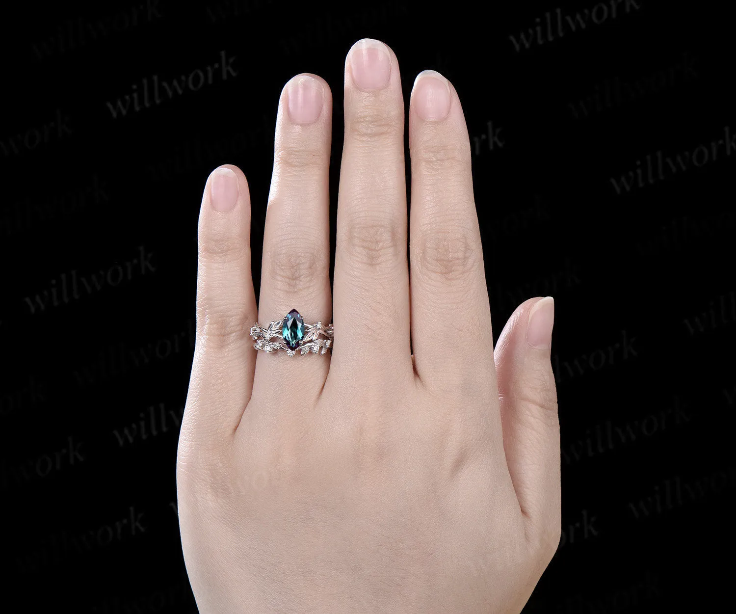 1ct marquise cut alexandrite engagement ring set solid 14k white gold twig leaf stacking diamond wedding ring set women jewelry sold by Willwork Jewelry product image thumbnail 3