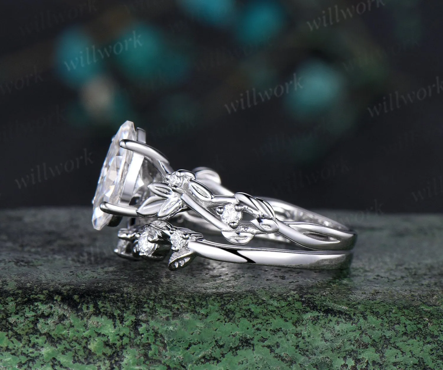 1ct marquise cut alexandrite engagement ring set solid 14k white gold twig leaf stacking diamond wedding ring set women jewelry sold by Willwork Jewelry product image thumbnail 4
