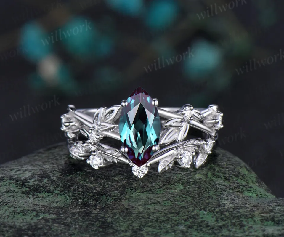 1ct marquise cut alexandrite engagement ring set solid 14k white gold twig leaf stacking diamond wedding ring set women jewelry sold by Willwork Jewelry
