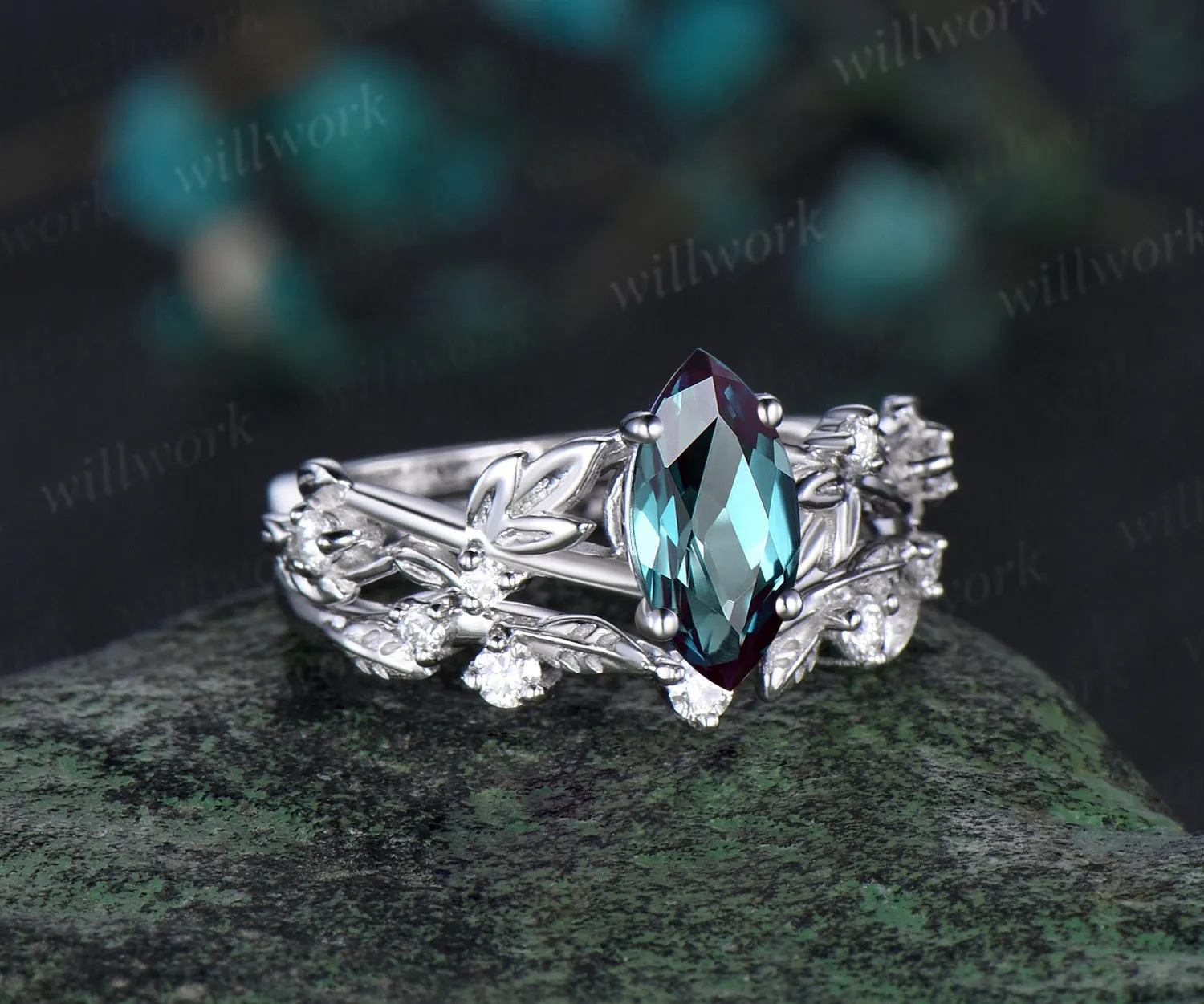 1ct marquise cut alexandrite engagement ring set solid 14k white gold twig leaf stacking diamond wedding ring set women jewelry sold by Willwork Jewelry product image thumbnail 2