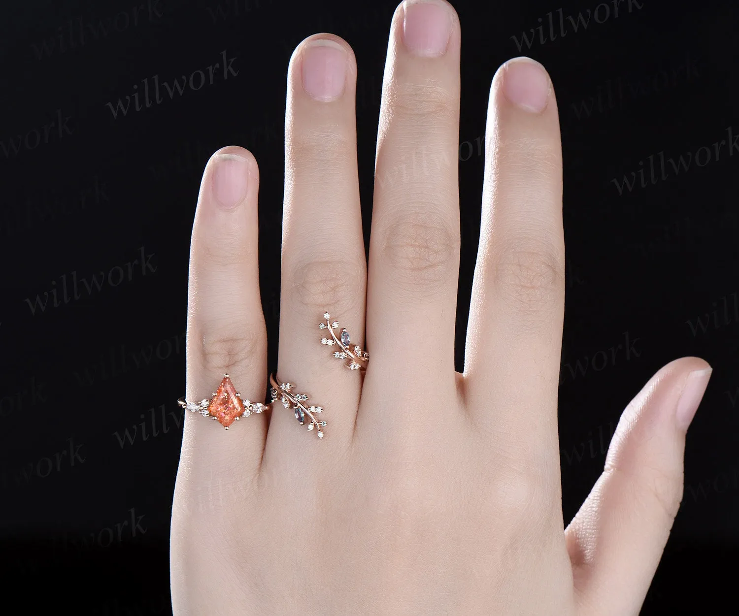 Kite cut sunstone engagement ring rose gold leaf alexandrite diamond wedding band enhancer unique anniversary bridal ring set women sold by Willwork Jewelry product image thumbnail 4