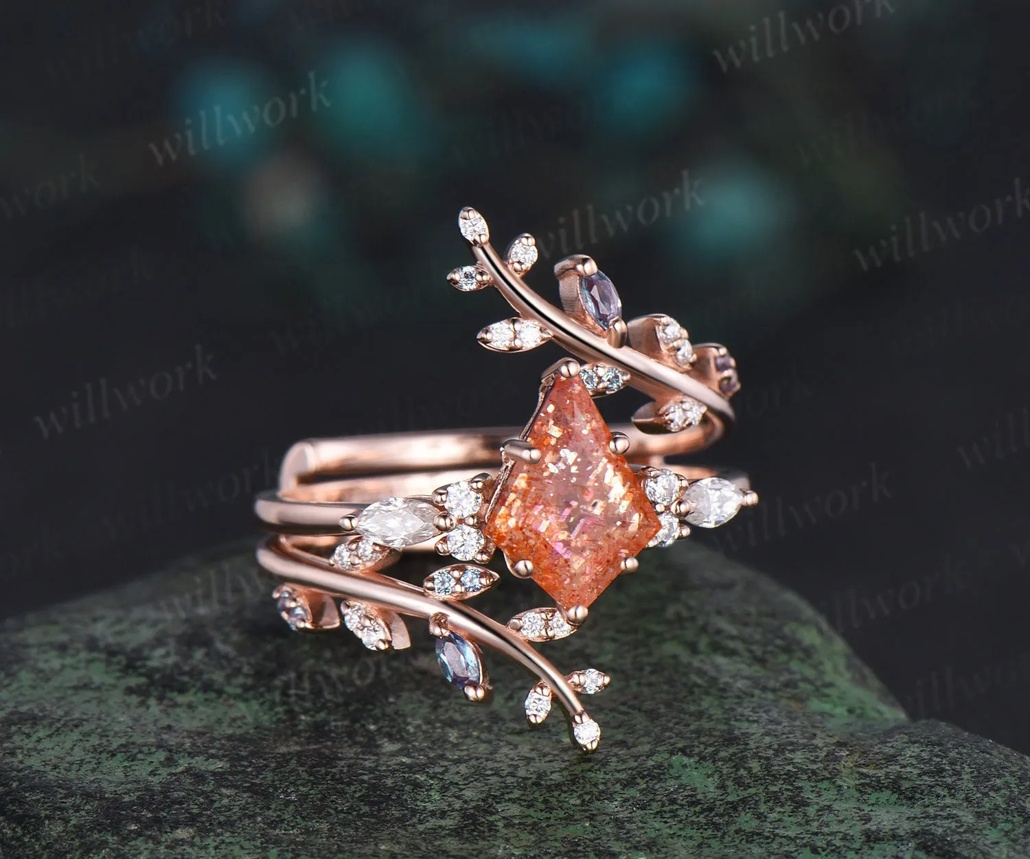 Kite cut sunstone engagement ring rose gold leaf alexandrite diamond wedding band enhancer unique anniversary bridal ring set women sold by Willwork Jewelry