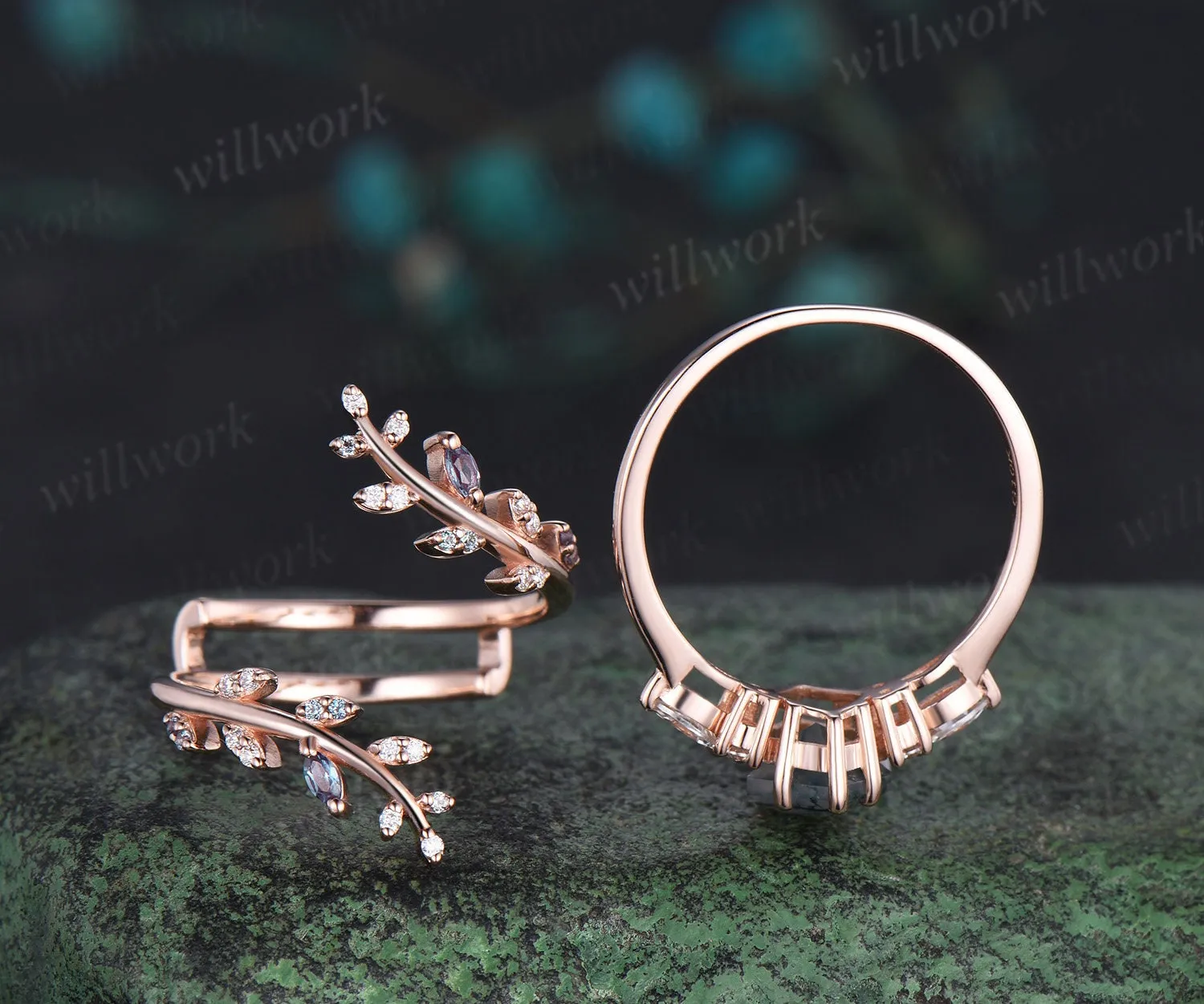 Kite cut sunstone engagement ring rose gold leaf alexandrite diamond wedding band enhancer unique anniversary bridal ring set women sold by Willwork Jewelry product image thumbnail 5