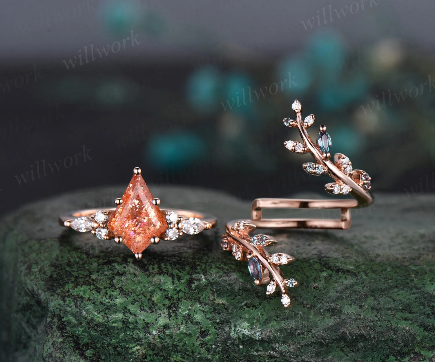 Kite cut sunstone engagement ring rose gold leaf alexandrite diamond wedding band enhancer unique anniversary bridal ring set women sold by Willwork Jewelry product image thumbnail 2