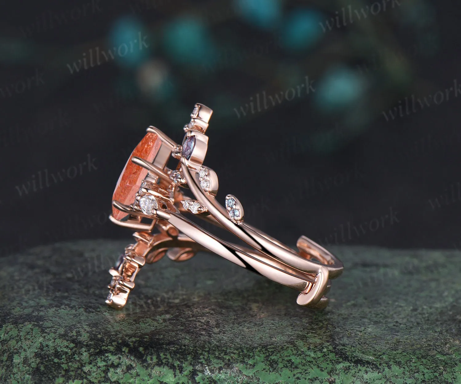 Kite cut sunstone engagement ring rose gold leaf alexandrite diamond wedding band enhancer unique anniversary bridal ring set women sold by Willwork Jewelry product image thumbnail 3