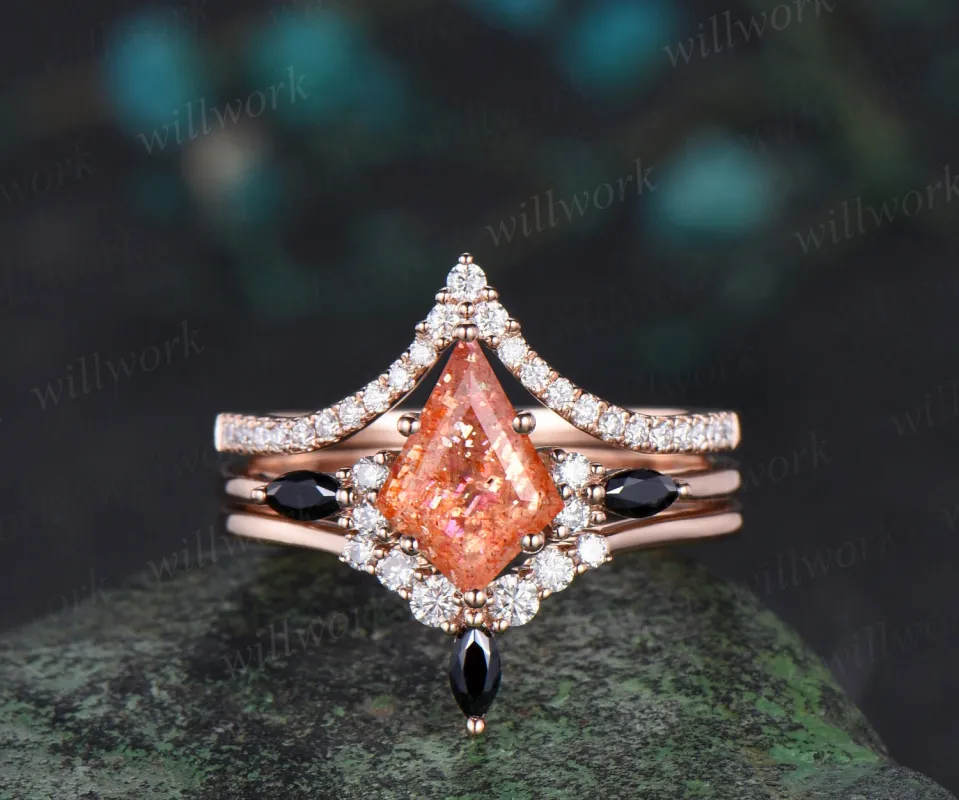 Kite cut orange sunstone engagement ring rose gold stacking moissanite black spinel wedding bridal ring set women sold by Willwork Jewelry