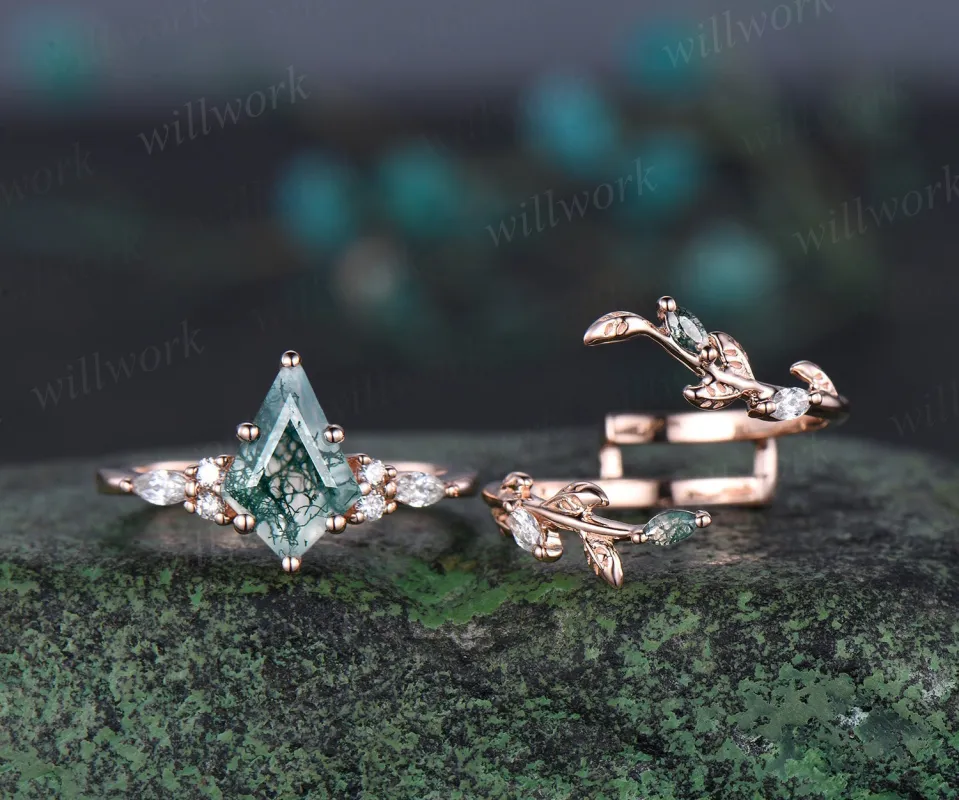 Vintage kite cut moss agate engagement ring leaf stacking enhancer rose gold diamond wedding promise ring set women sold by Willwork Jewelry