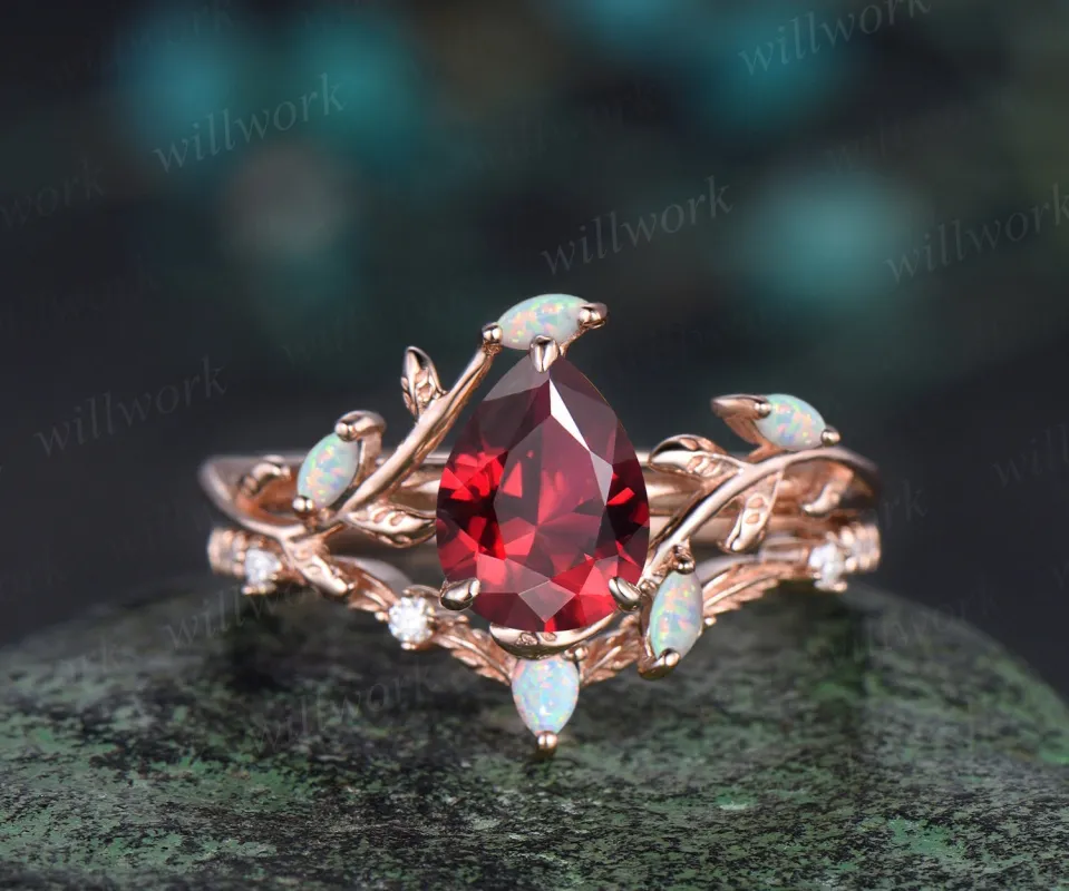 Vintage pear cut red ruby engagement ring solid 14k rose gold branch leaf opal stacking bridal anniversary ring set women jewelry sold by Willwork Jewelry